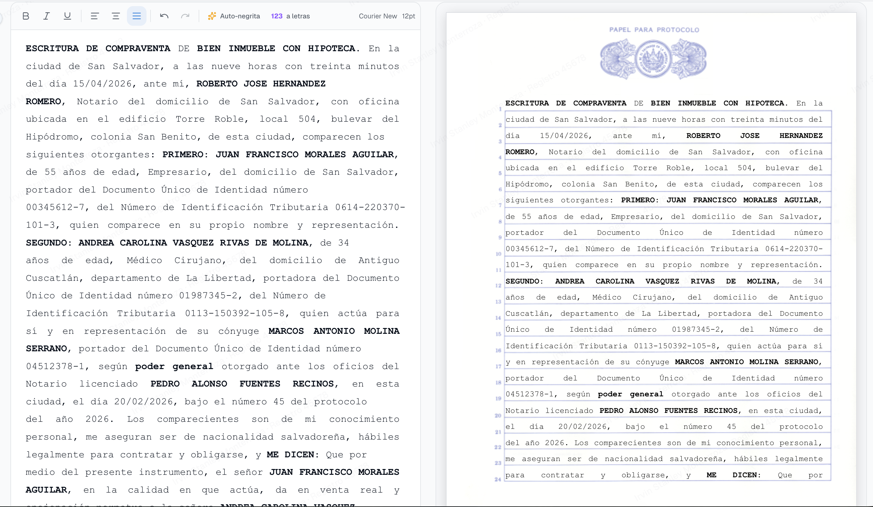 Editor de escrituras con preview de la hoja de protocolo